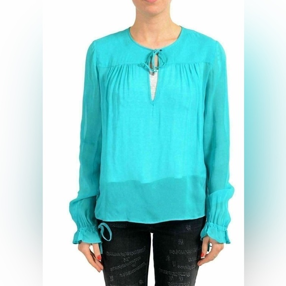 Just Cavalli Blue/Teal Long Tie Sleeve Sheer Women's Blouse US 4/S IT 40 - Picture 1 of 8